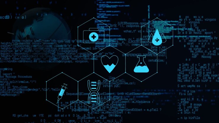 Animation of medical icons and data processing on black background