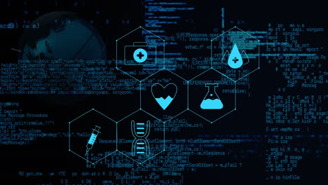 animation of medical icons and data processing on black background
