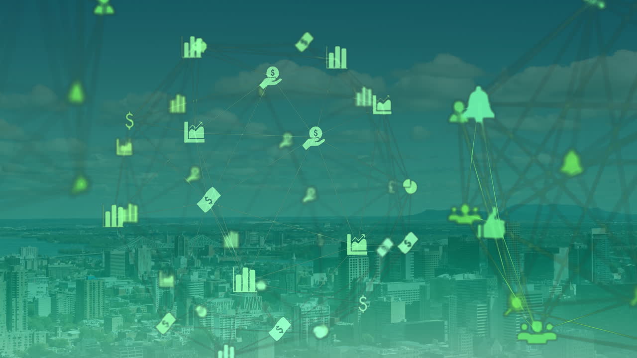 도시 풍경 위의 아이콘으로 연결된 네트워크의 애니메이션