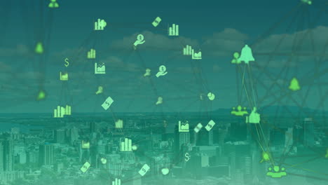 animación de la red de conexiones con iconos sobre el paisaje urbano