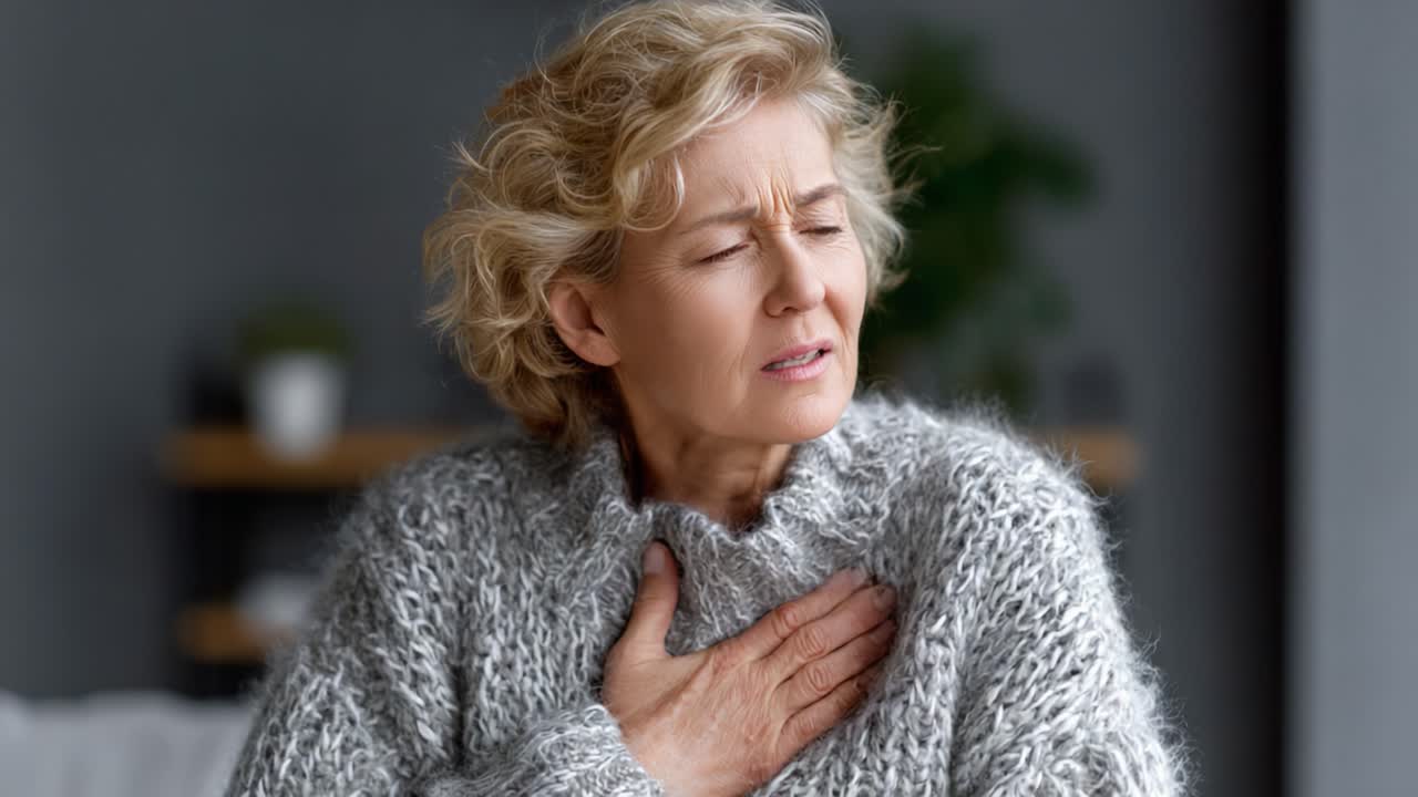 A Concerned Woman Experiences Discomfort, Holding Her Chest While Wearing a Cozy Sweater, Capturing the Emotional Challenges of Health Awareness in a Calm Environment