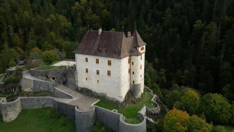 parallax establishing drone shot of valangin castle in canton of neuchatel switzerland