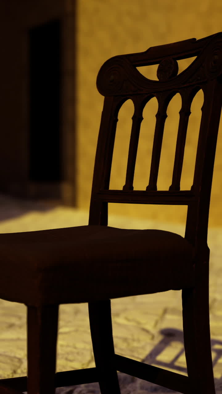 Wooden chair on cobblestone street in quiet village during sunset