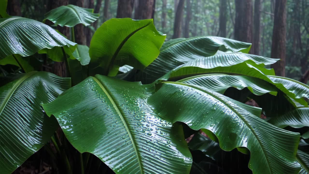 Close-up view of wet banana leaves in a tropical forest