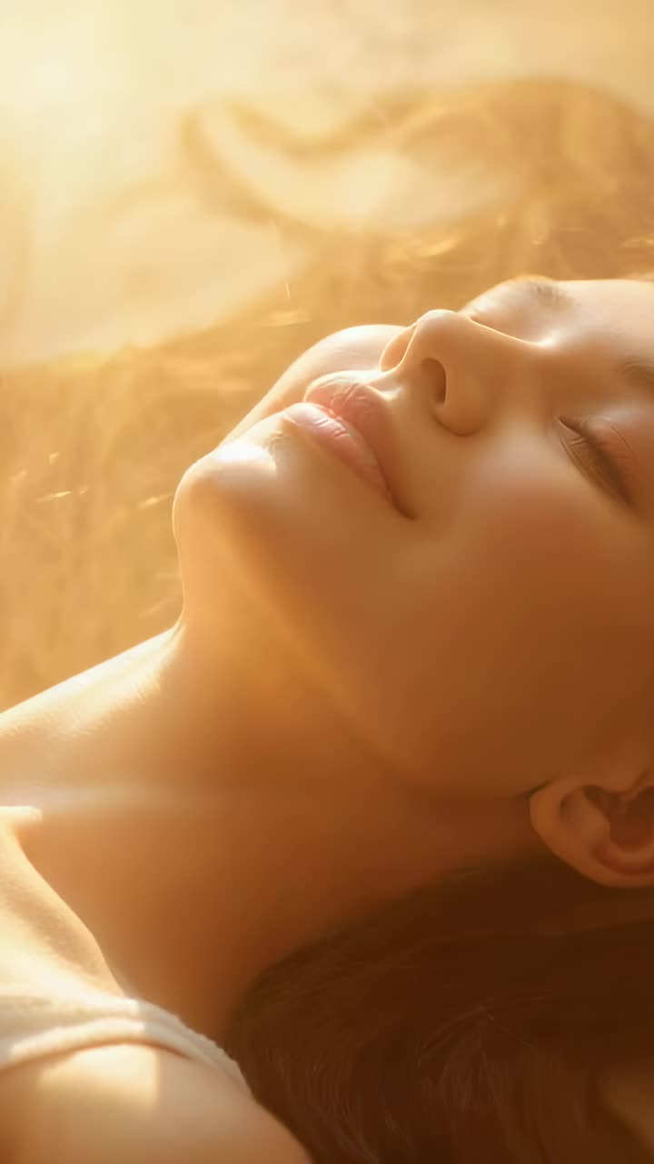 Vídeo vertical: mulher respirando na cama, brilho quente causando sorriso, cabelo espalhado, blusa de alça, flare