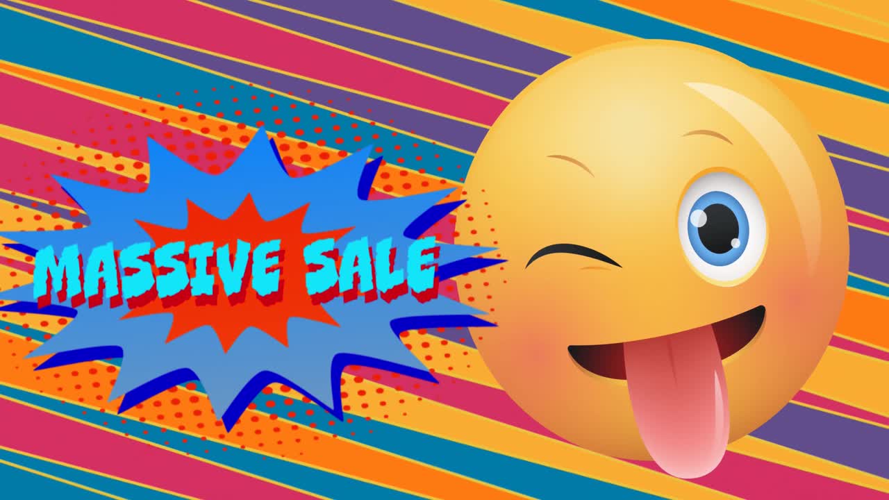 Animation of massive sale text over speech bubbles and winking emoji on striped background