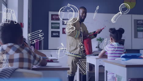 animation of school items icons over diverse male teacher with schoolchildren learning