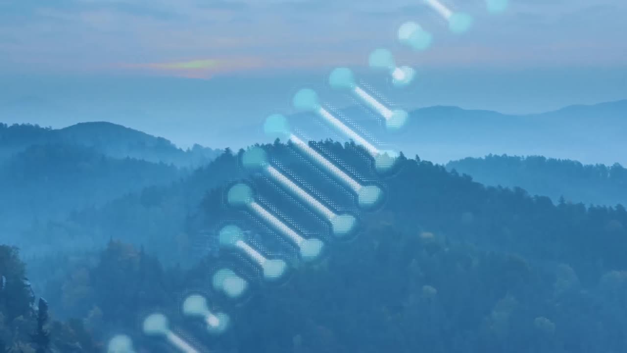 dna 구조가 산과 해가 지는 하늘과 함께 풍경을 바라보며 회전합니다.