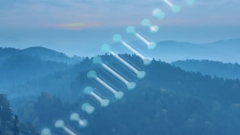 Dna-structure-spinning-against-view-of-landscape-with-mountains-and-sunset-sky