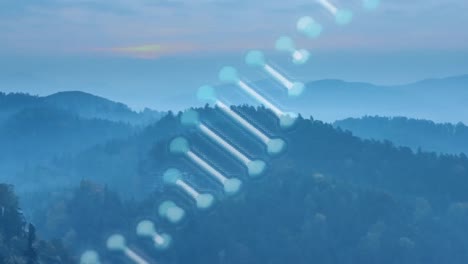 dna 구조가 산과 해가 지는 하늘과 함께 풍경을 바라보며 회전합니다.