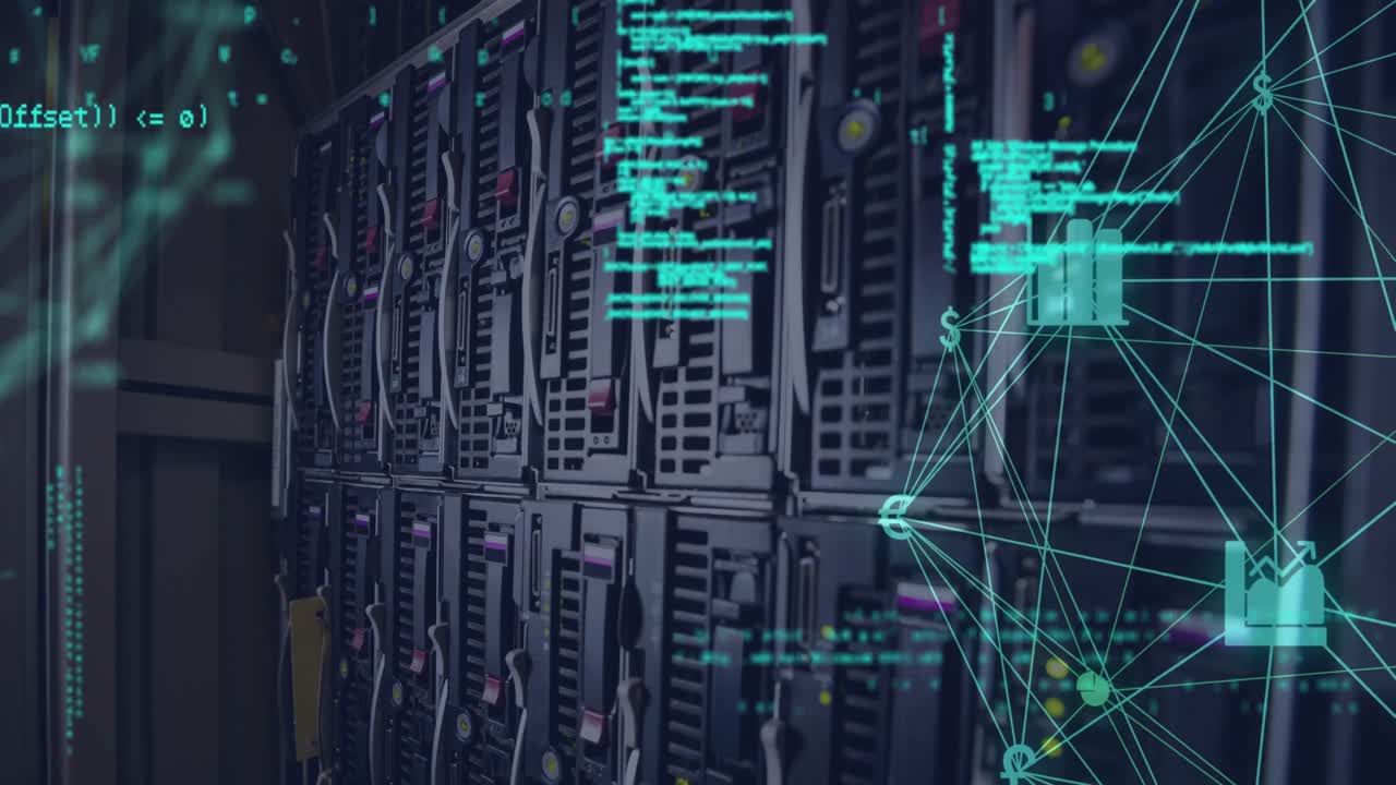 Animation of data processing and media icons over server room
