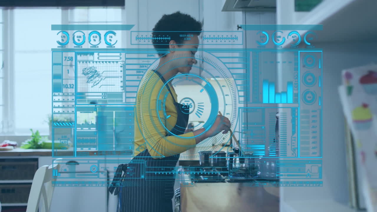 Woman stirring pot in kitchen, overlaying tech HUD with graphs gauges and progress rings