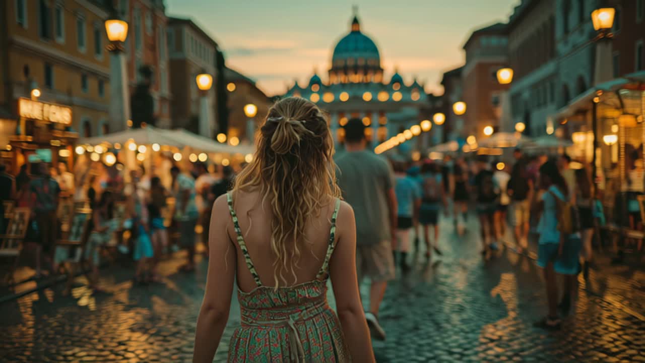 Grafica in movimento stilizzata di una giovane donna che cammina attraverso un affollato mercato serale di strada con calde luci bokeh, sagome della folla e un punto di riferimento a cupola sfocato.