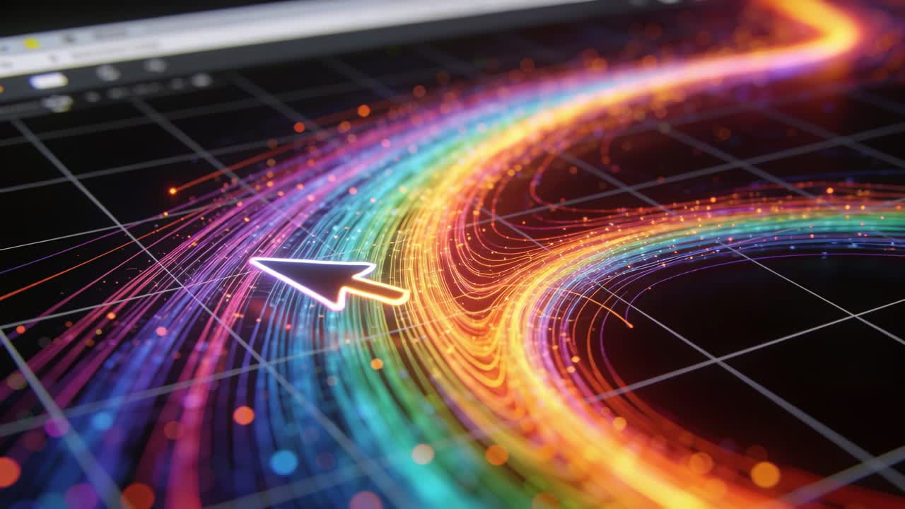 Moving white cursor following neon multicolored trail on screen, triggered by mouse input