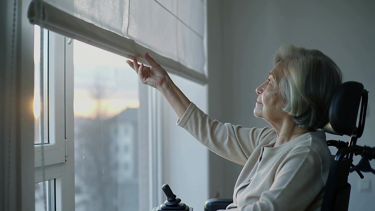 Reaching, Asian woman in powerchair lifting Roman blind at home window revealing sunset, copy space