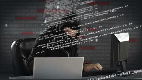 animación del procesamiento de datos sobre el hacker caucásico usando computadora