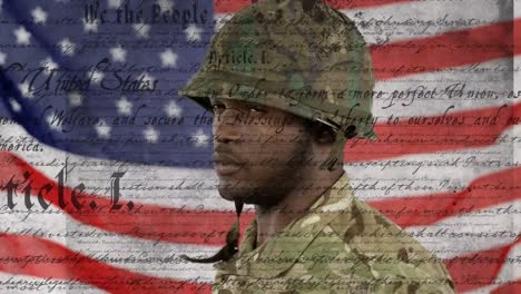 animation of document with text over soldier wearing helmet and american flag