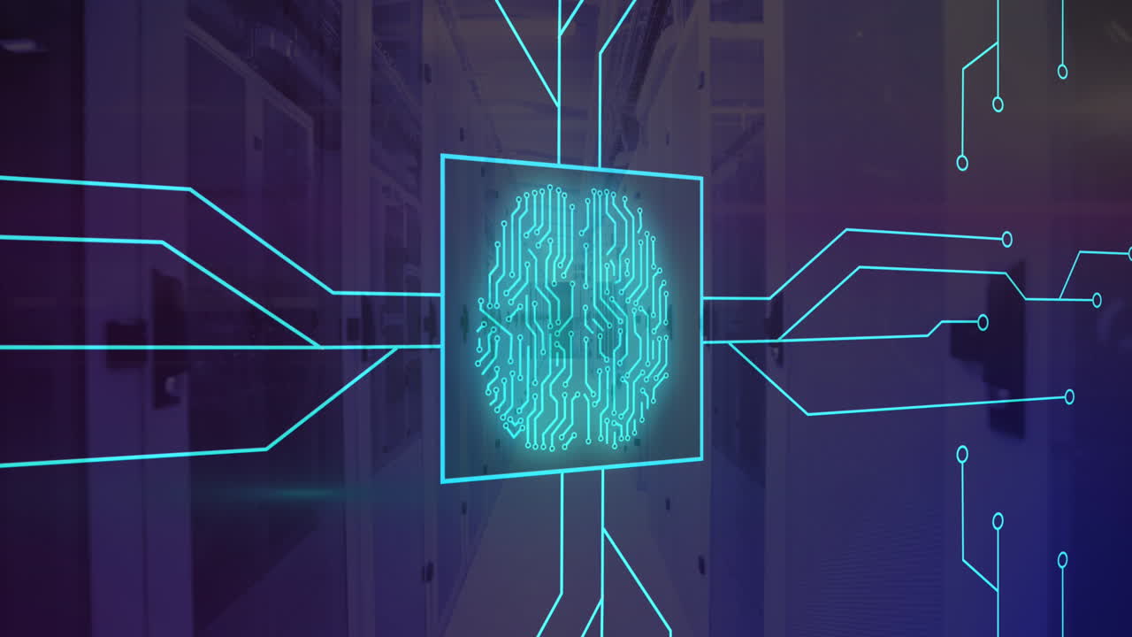 Animation of neon brain and network of connections over server room