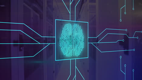 animazione del cervello al neon e della rete di connessioni sulla sala server