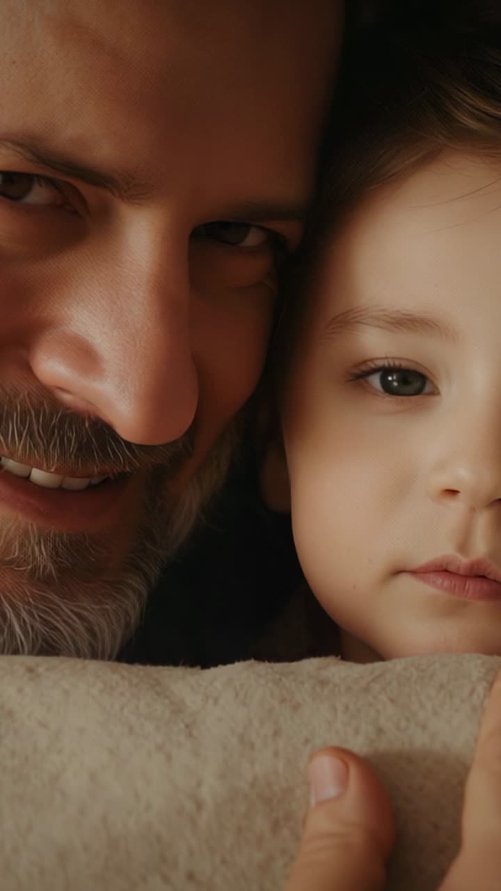 Vídeo vertical: padre acunando a un niño dormido y presionando su mejilla, calmándolo en el sofá, barba y manta beige