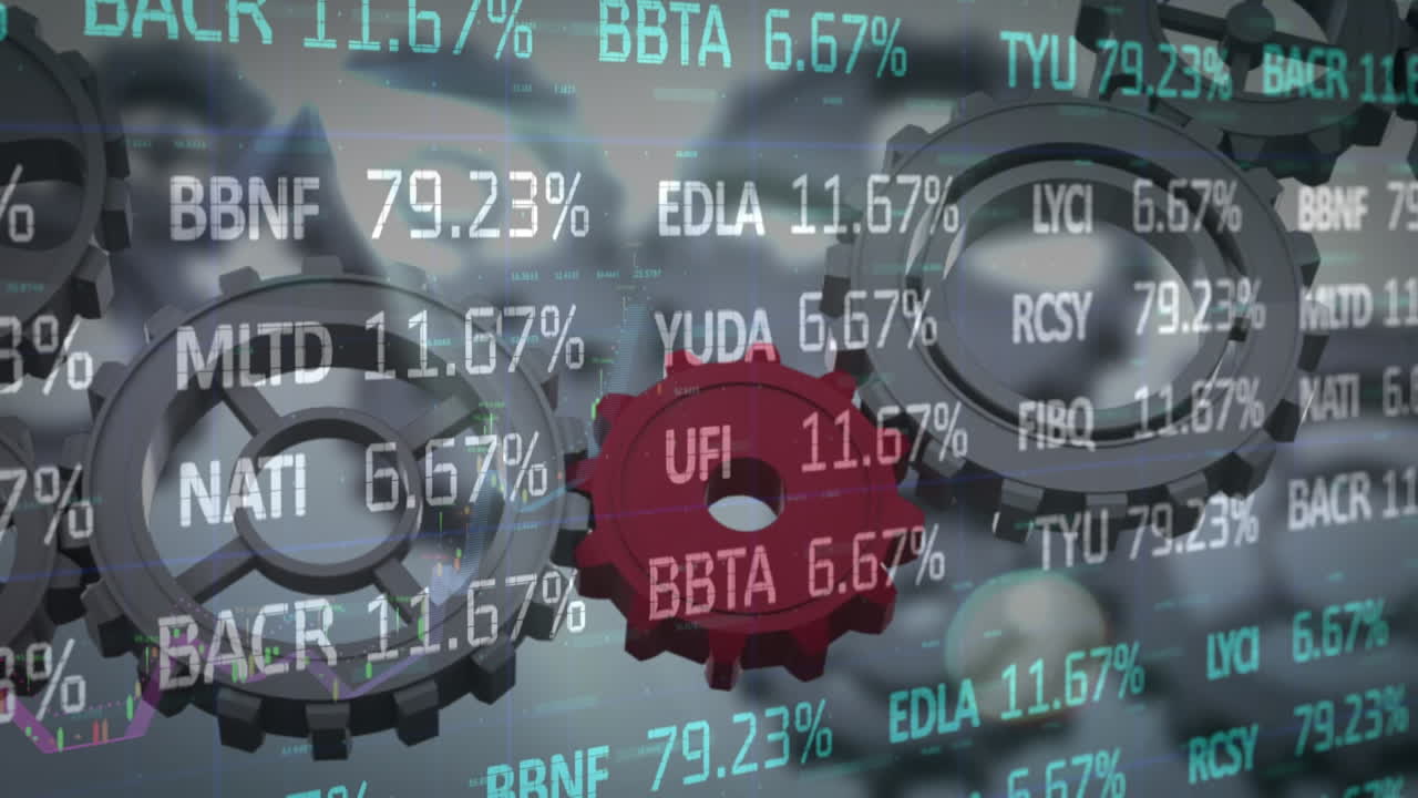 Animation of financial data processing over moving cogs