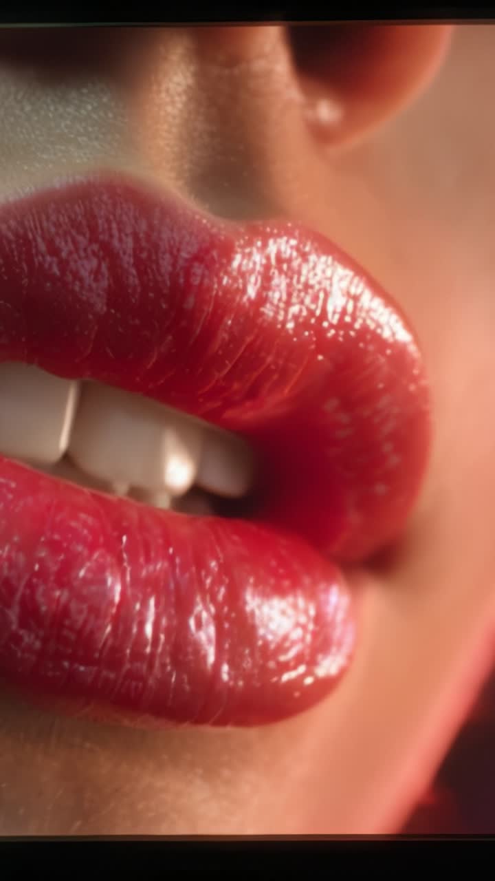 Close-Up of Glossy Red Lips Showcasing a Vibrant Smile and Glowing Skin in Two Frames, Highlighting Beauty and Emotion in an Artistic Context