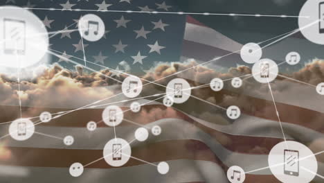 animation of network of connections with icons over flag of united states of america and sky