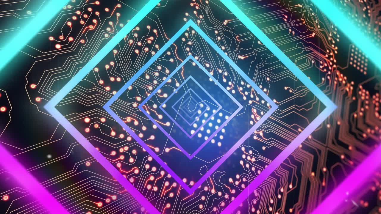 On power-up nested neon diamond frames rotating, pulsing, chip pads glowing to show circuit state