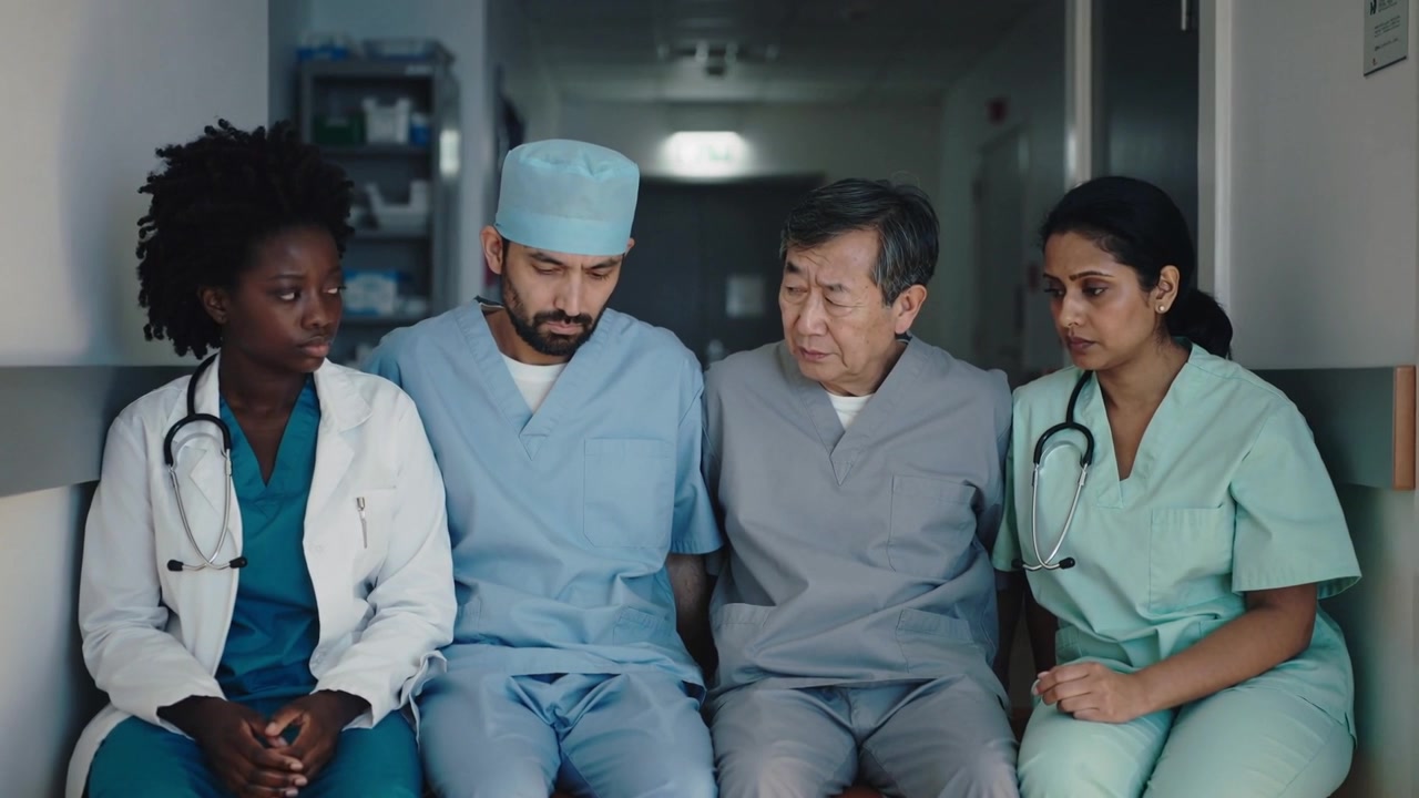 Sitting four staff lowering heads and rubbing face on corridor bench, in scrubs with stethoscopes