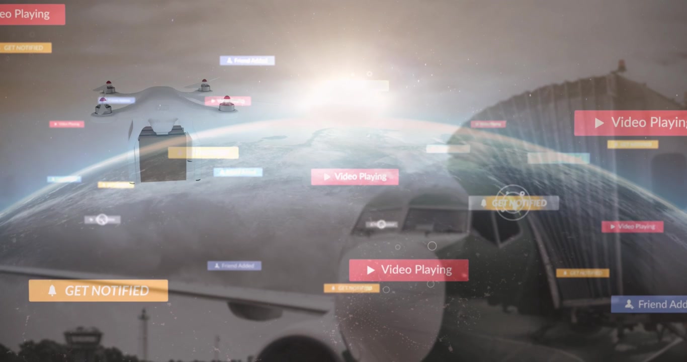 Animazione di icone multimediali e drone sul globo.
