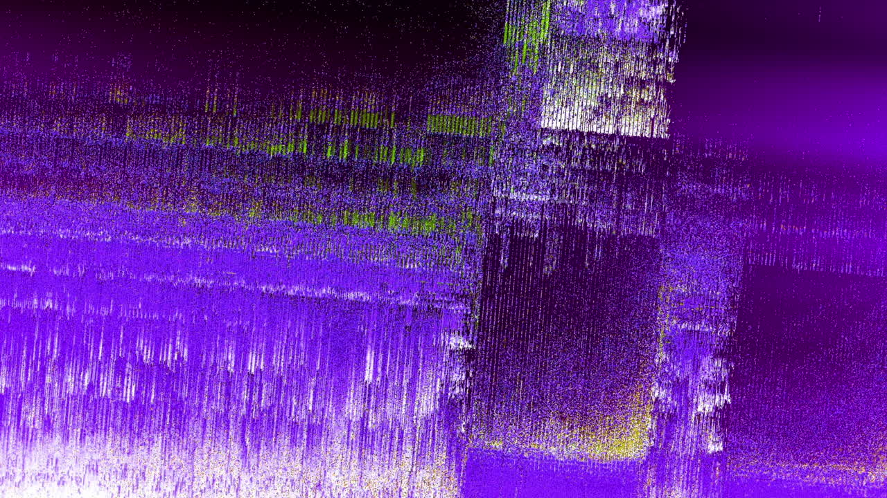 Sfondo Artistico Astratto di Glitch Digitale con Tonalità Viola e Verdi.
