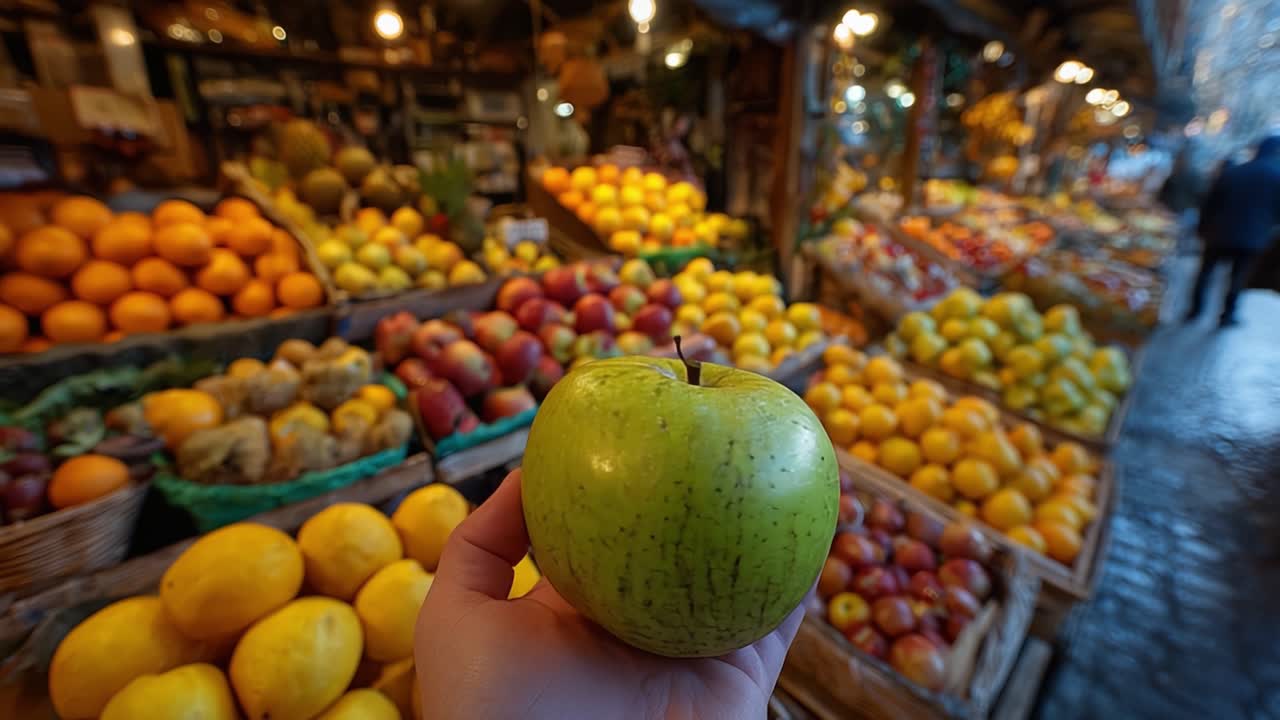 Scena vivace di mercato con una mela verde tenuta in mano, circondata da un assortimento colorato di frutta fresca in un vivace ambiente all'aperto.
