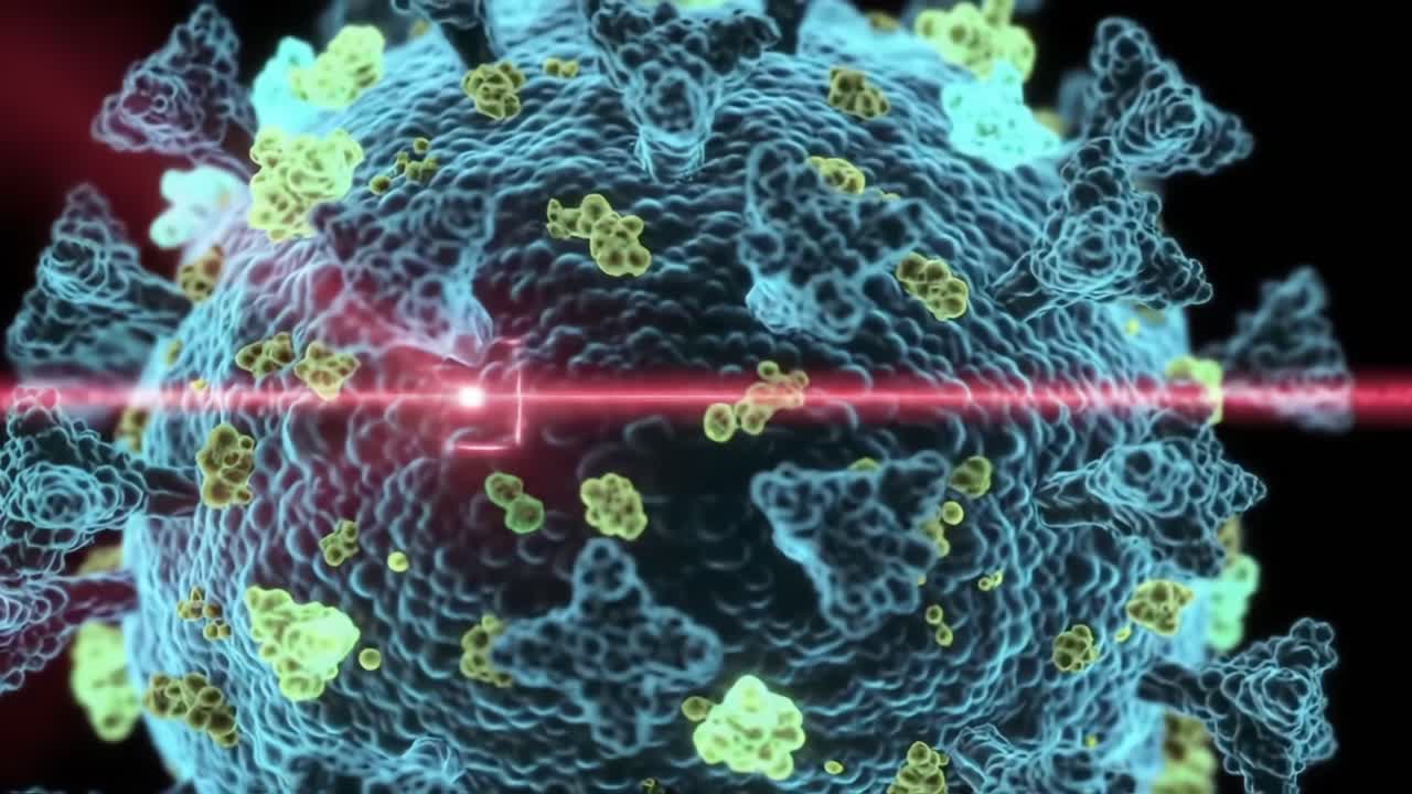 Detailed Visualization of a Virus Particle, Showcasing Structural Features and Colorful Elements Under Laser Light, Highlighting Microscopic Interactions