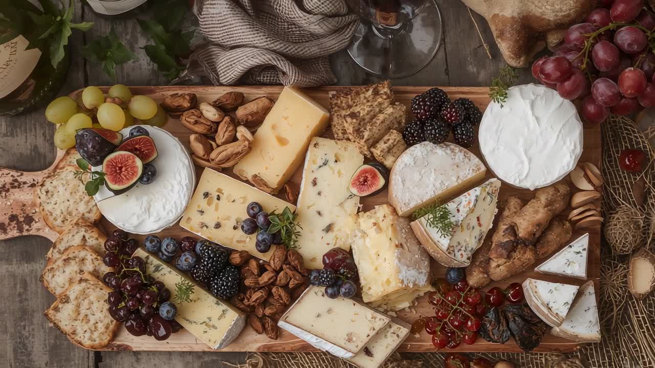 Zoom avant lent avec mouvement de travelling sur une grande planche en bois posée sur une table, mettant en évidence des fromages, des raisins et des figues