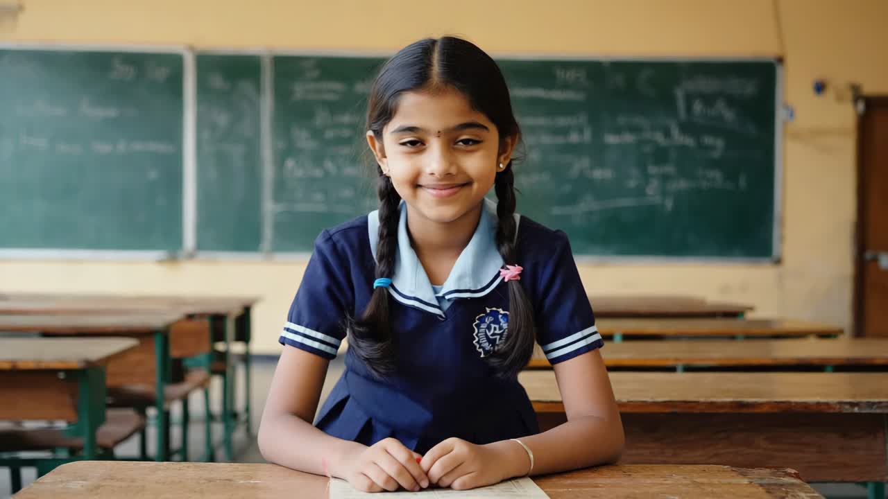 Elementary age indian student girl with braided hair and blue uniform smiling sitting at her wooden desk in a classroom with a green blackboard full of writings and equations in the background