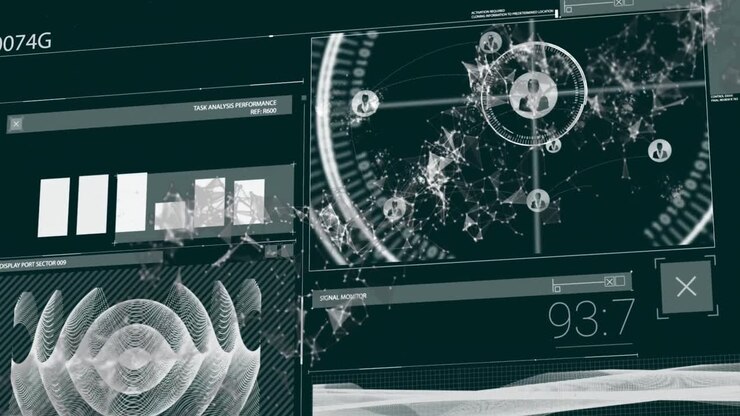 Animation of interface with data processing over spinning dna structure against black background