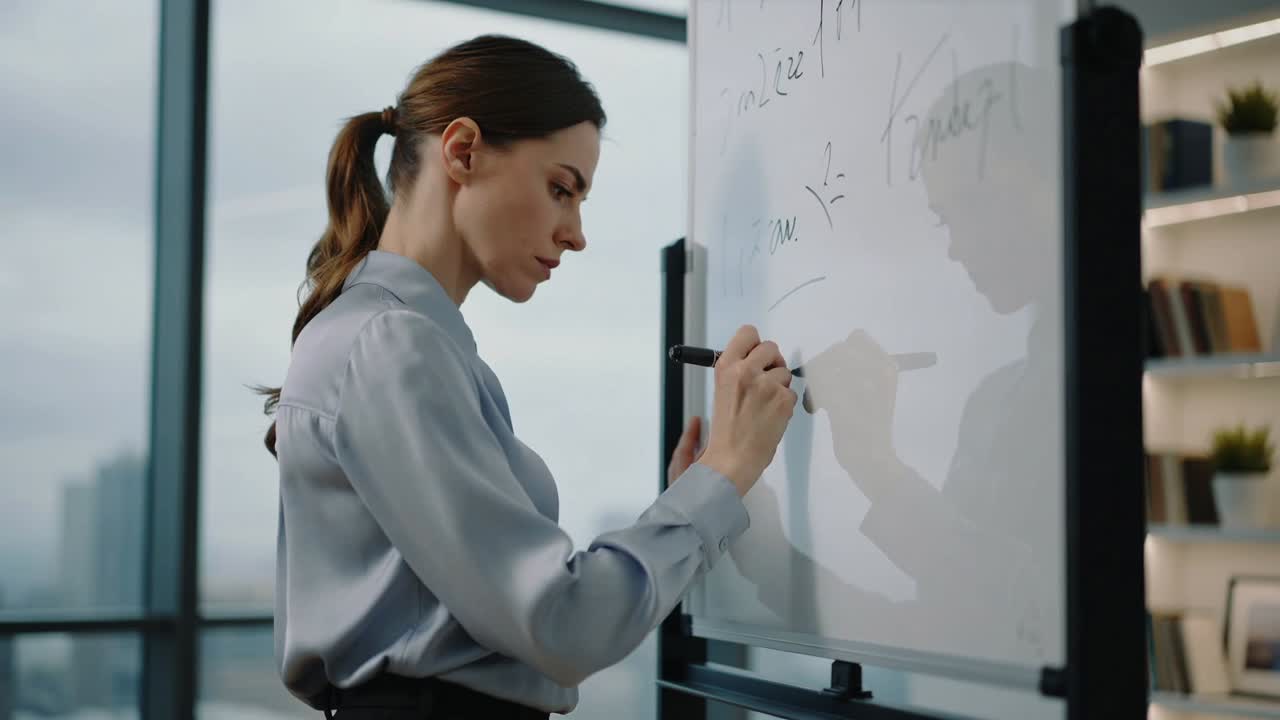 Donna che scrive con una camicetta azzurra, con prompt di idee di disegno con pennarello su una lavagna in ufficio