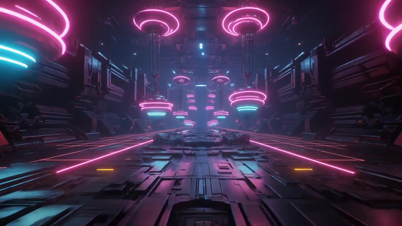 Futuristická sci-fi chodba se zářícími neonovými světly.