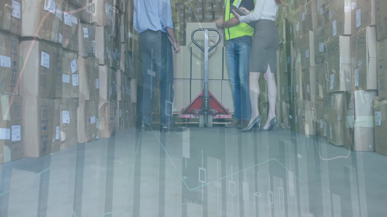 Animation of statistics and data processing over people in logistic centre with cardboard boxes