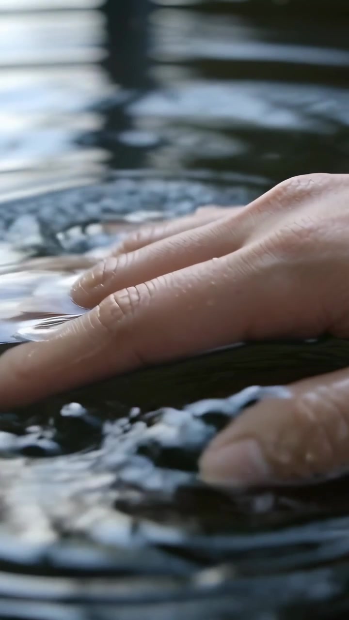 Vertical video: Fingers touching pond water, hand pressing, sliding, making ripples, shifting light