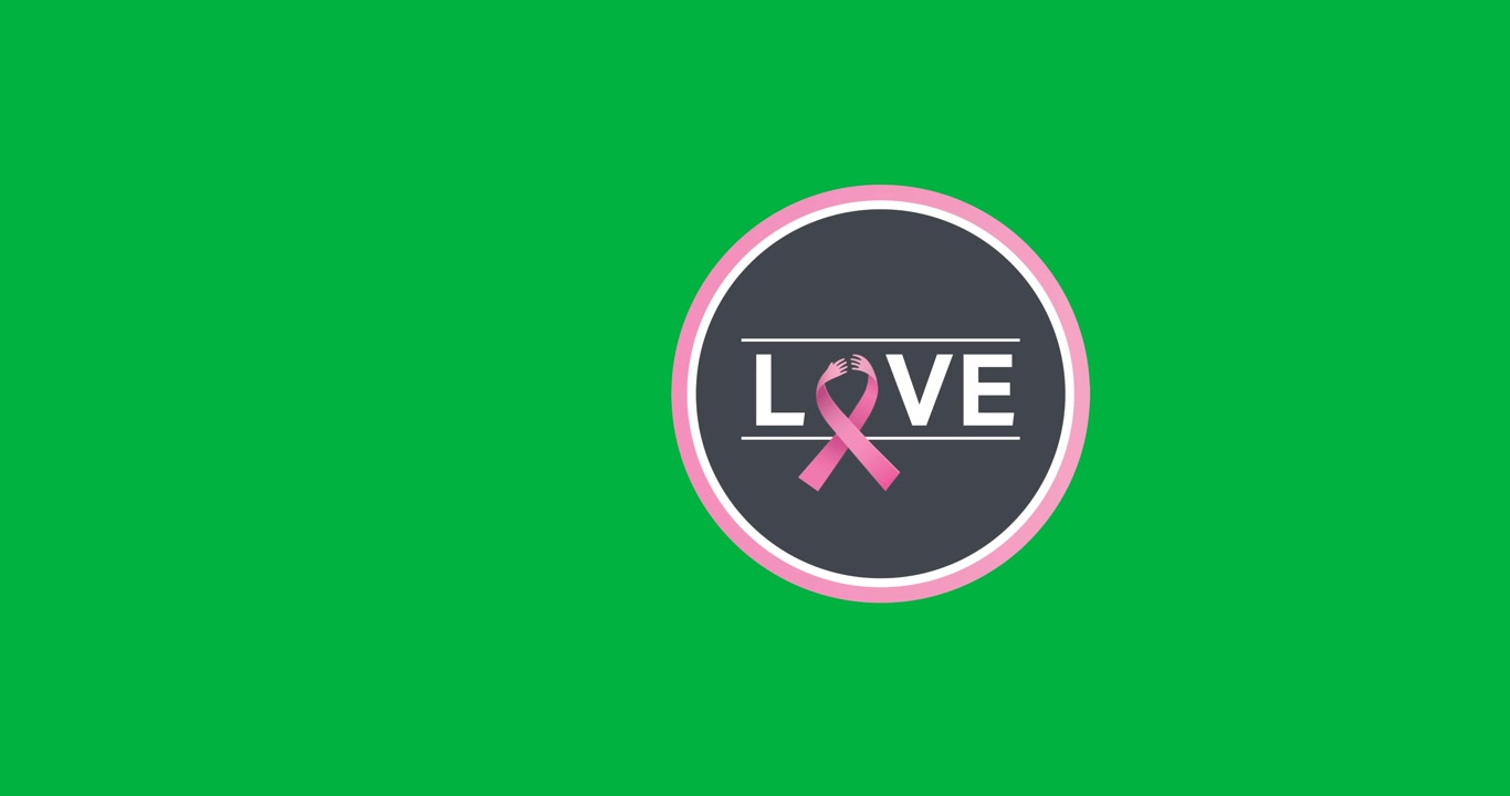 Animazione digitale del testo "love" con icona di nastro rosa su banner rotondo su sfondo nero.