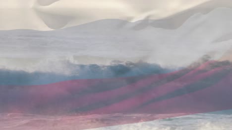 animación de la bandera de rusia ondeando sobre el paisaje marino de la playa