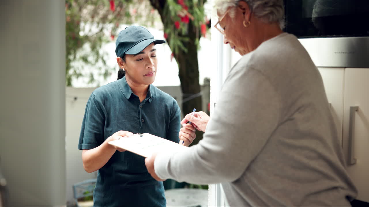 Delivery person taking signature from customer
