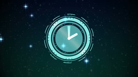 animación de un reloj con manecillas en movimiento sobre estrellas brillantes sobre fondo negro