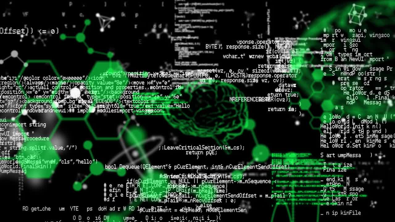 Animation of shapes and data processing on black background