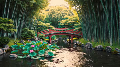 japanese garden with bamboo bridge and lotus pond