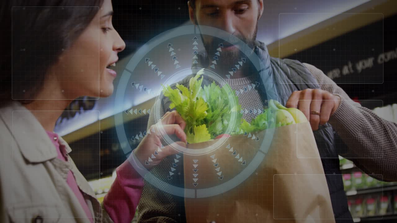 Couple choosing produce, HUD overlay pulsing over bag and focusing, man picking bananas and lettuce