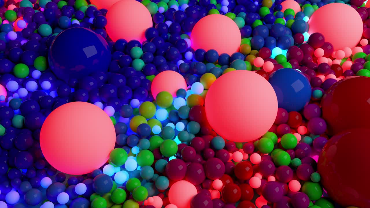 composición oscura con bolas coloridas que cubren la superficie, algunas de las cuales brillan. 3d en 4k fondo abstracto con animación fluida de esferas