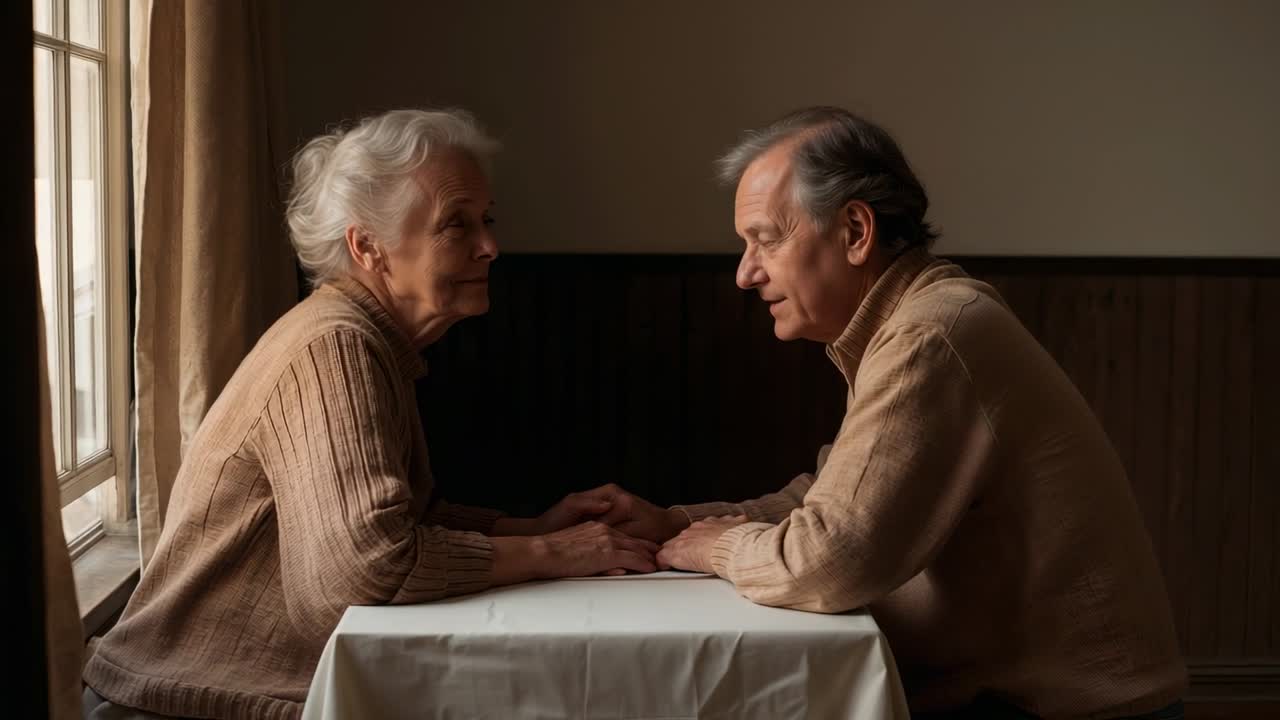 Anziani che si tengono per mano, seduti al tavolo vicino alla finestra e vestiti con maglioni beige, un uomo che inizia a parlare, confortante