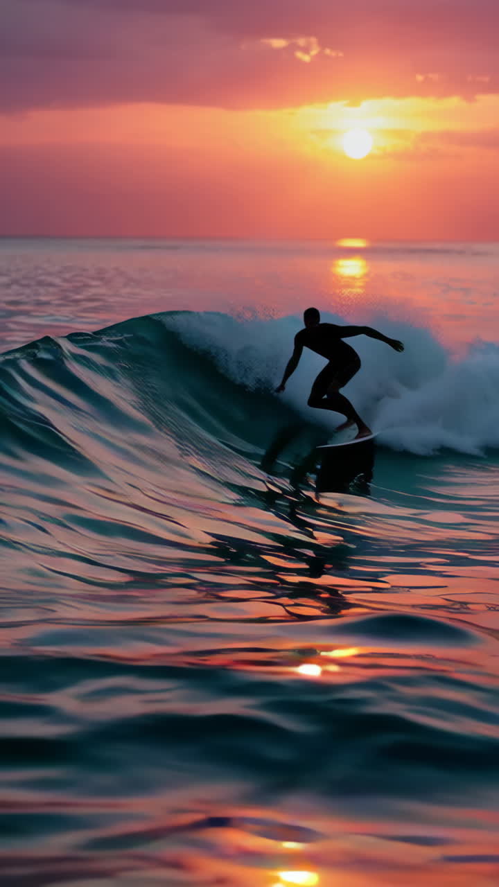 Surfer riding a wave during a beautiful sunset